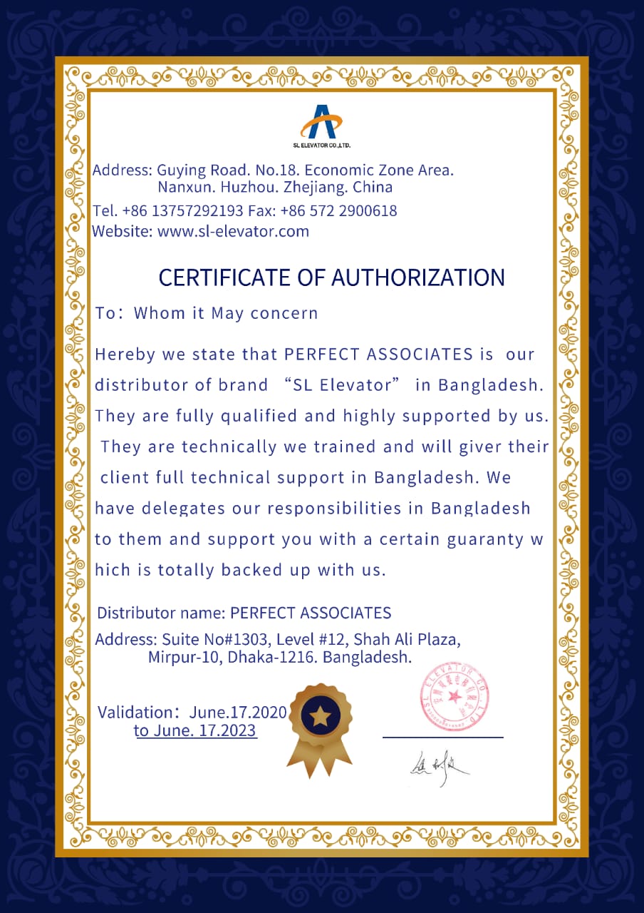 SL Elevator — Official Authorization Certificate for Perfect Associates